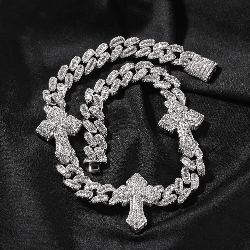 15mm Full Pave Cuban Baguette Gothic Cross Choker