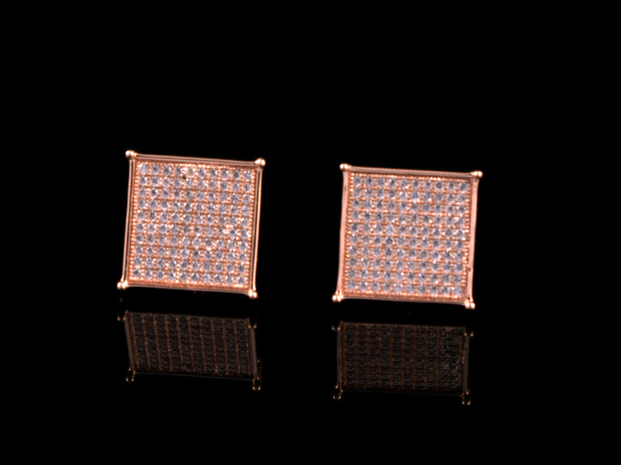 Iced Rose Gold 10 Row Square Stud Earrings - 12mm - All4Gold.com